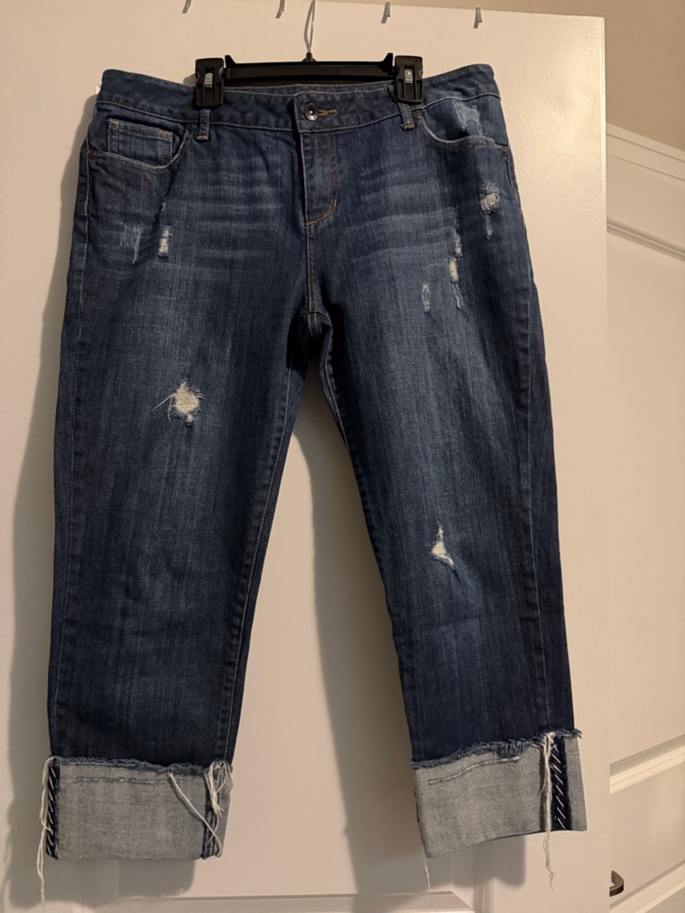 Apt. 9 Dark Blue Distressed Cropped Jeans with Cuffed Hem